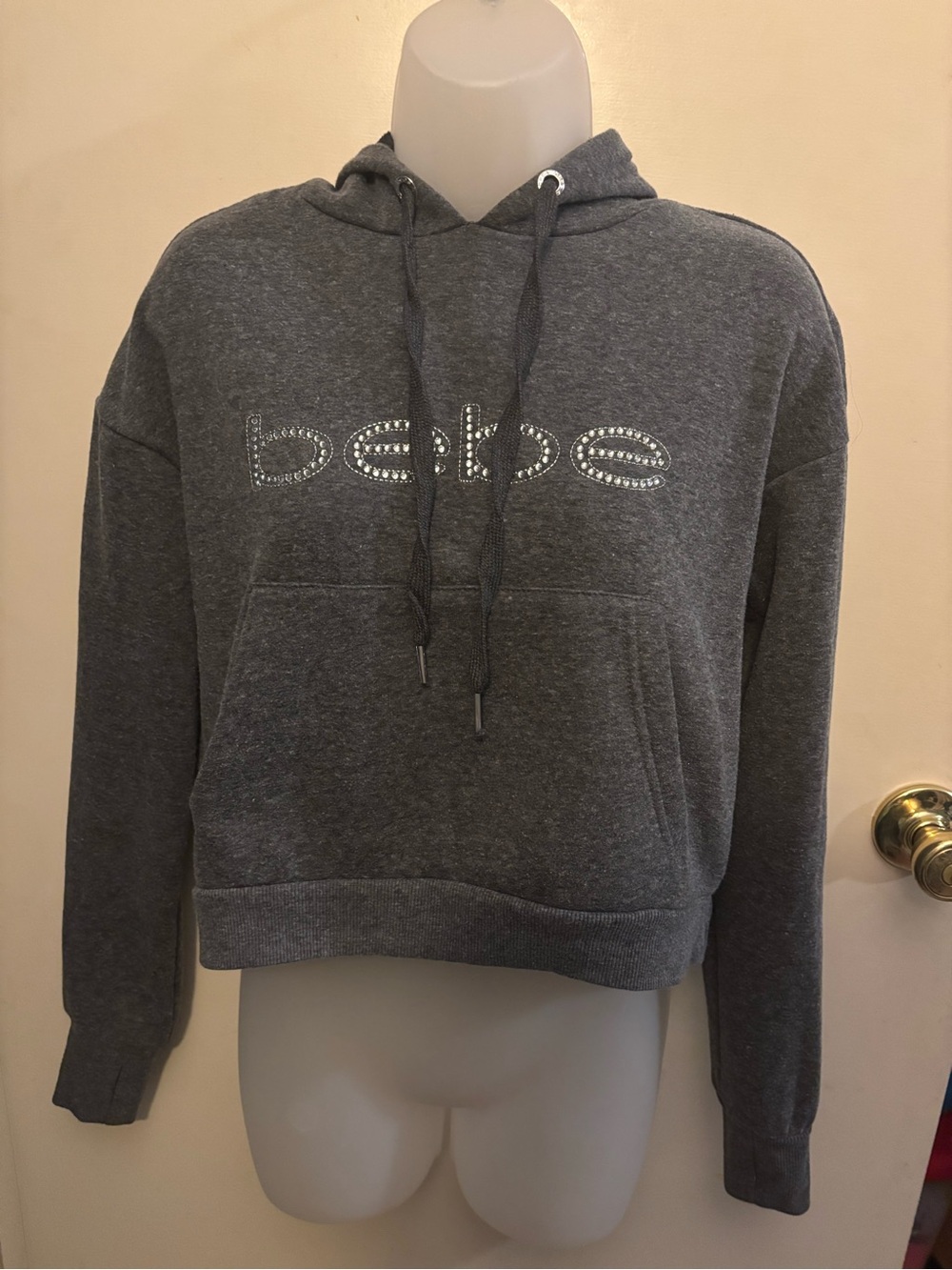 bebe Cropped Rhinestone Logo Hooded Crewneck Sweatshirt